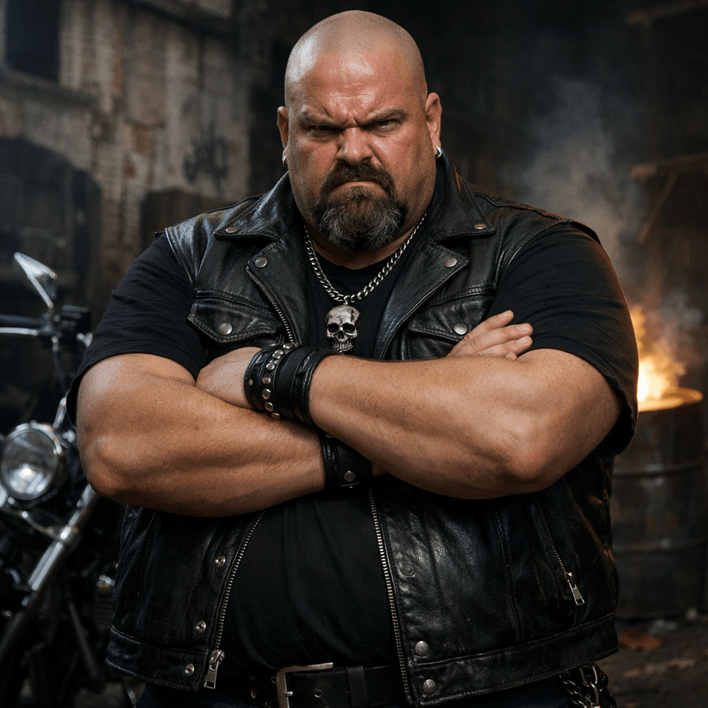 Bald man in black leather vest and skull necklace standing with arms crossed