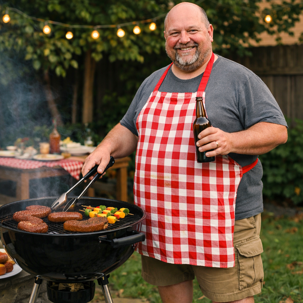 Casual backyard barbecue grilling scene Man wearing a red and white checkered apron grilling burgers, sausages, and vegetable skewers on a charcoal grill outdoors