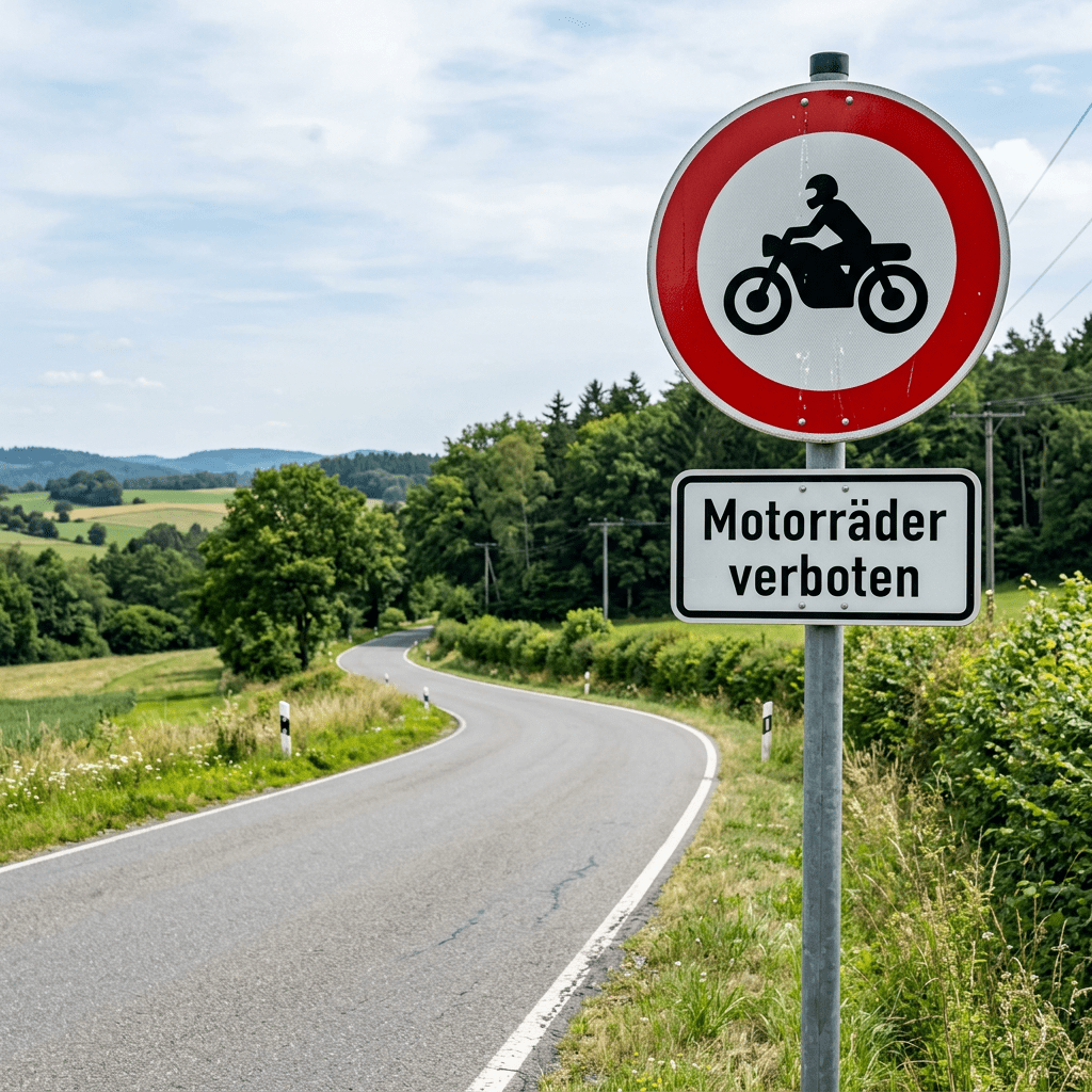 Road sign with motorcycle symbol and 'Motorräder verboten' text prohibiting motorcycles