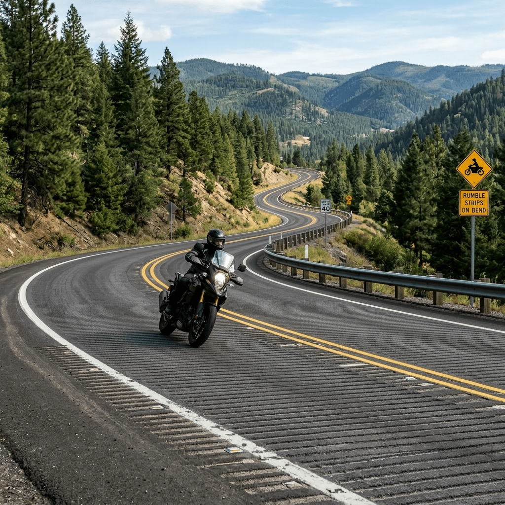 Motorcyclist leaning into a curve on a winding mountain road with pine trees and road signs