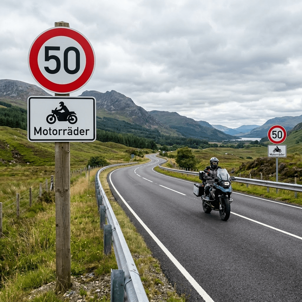 Motorcyclist on a winding road with 'Motorcycles Only' and 50 mph speed limit signs