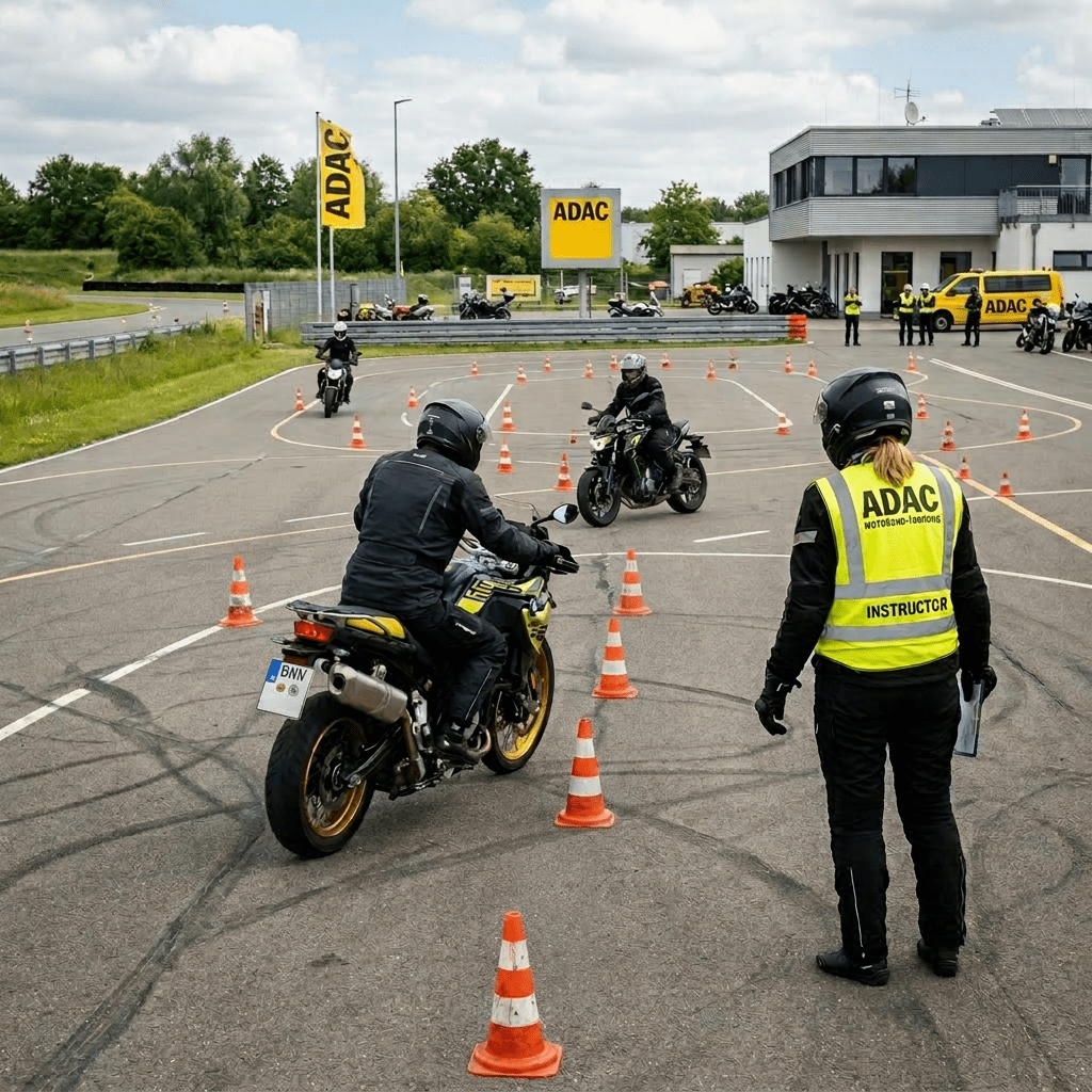 Motorcyclists navigating cone obstacles during ADAC motorcycle training