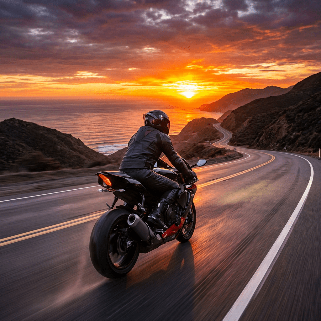 Motorcyclist riding on a twisting road along the coast during sunset