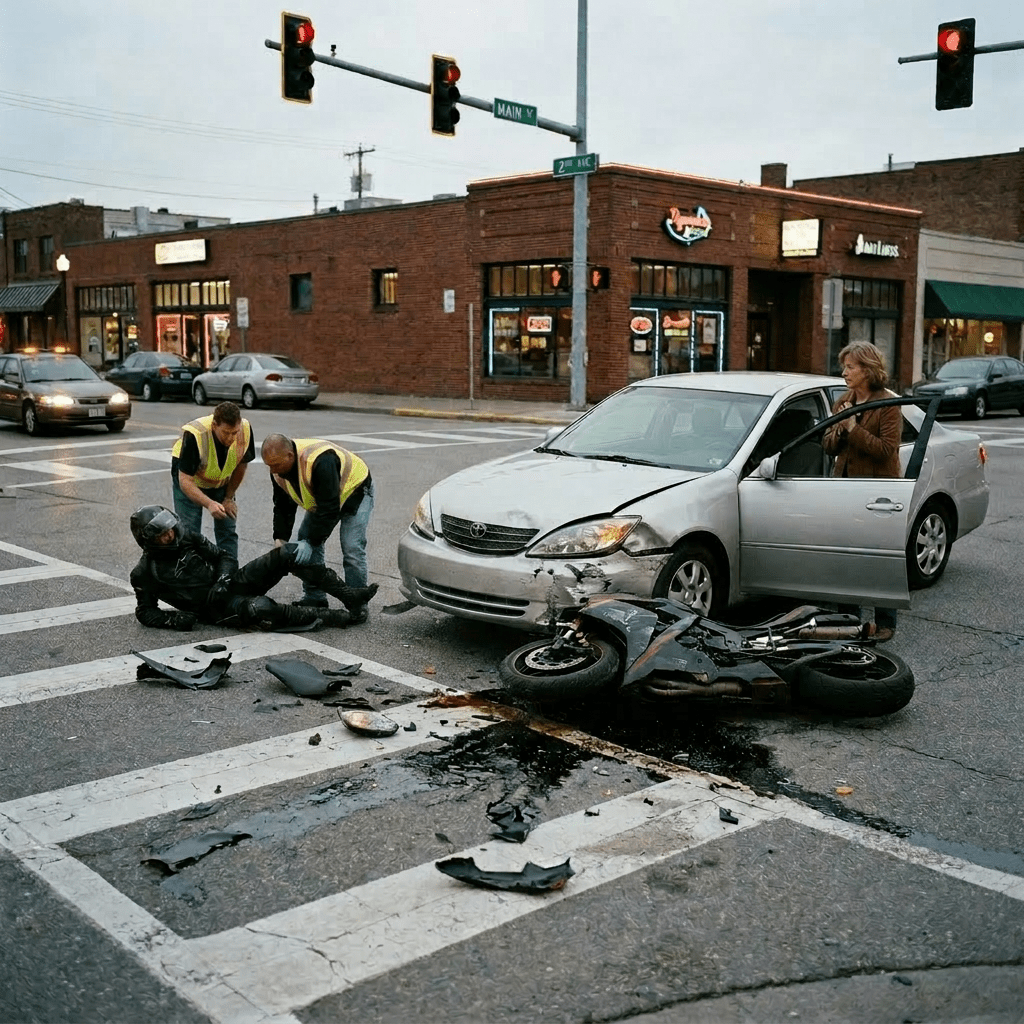 Motorcyclist sitting on the ground next to a crashed motorcycle and a car with its door open at a street intersection
