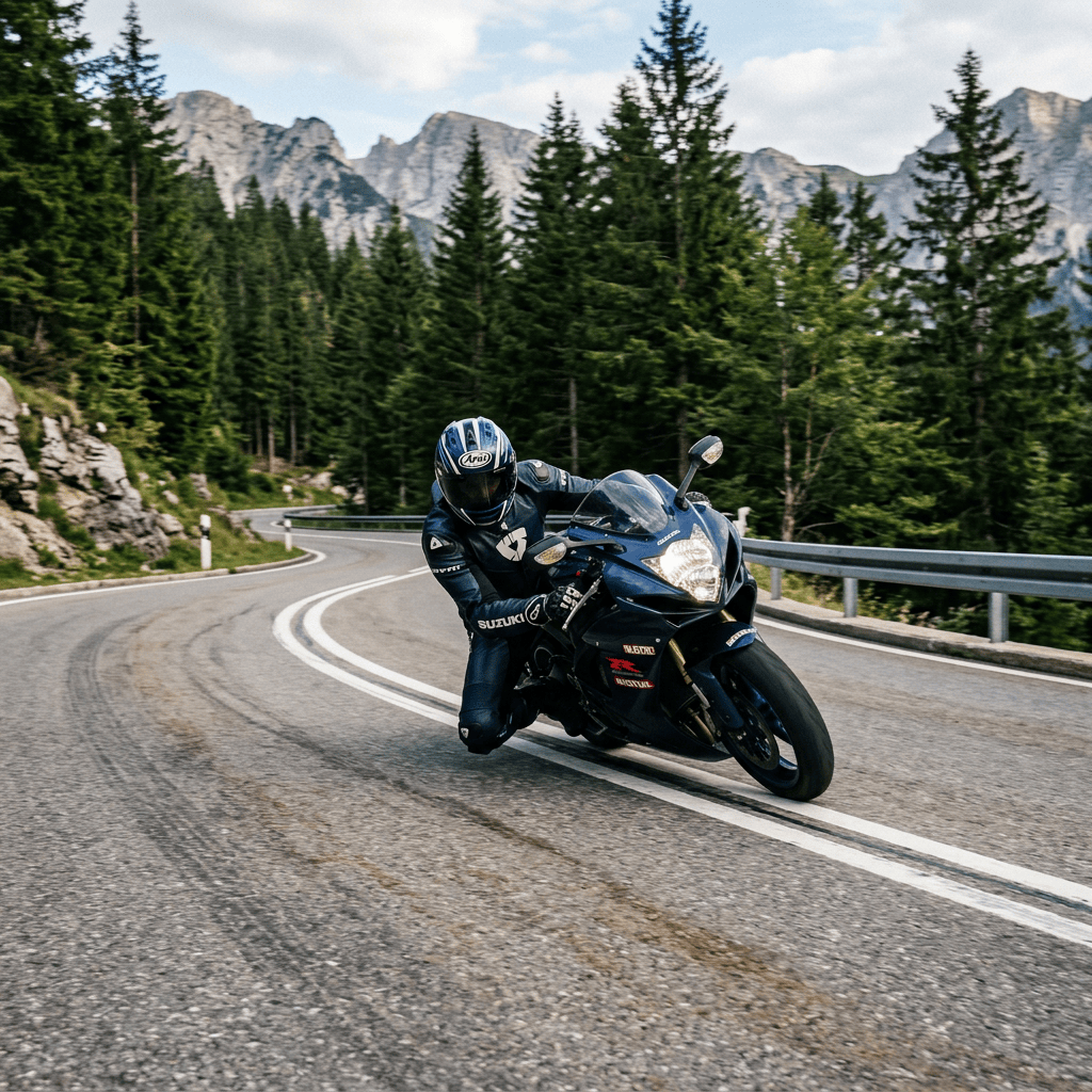 Motorcyclist leaning through a mountain road curve among pine trees